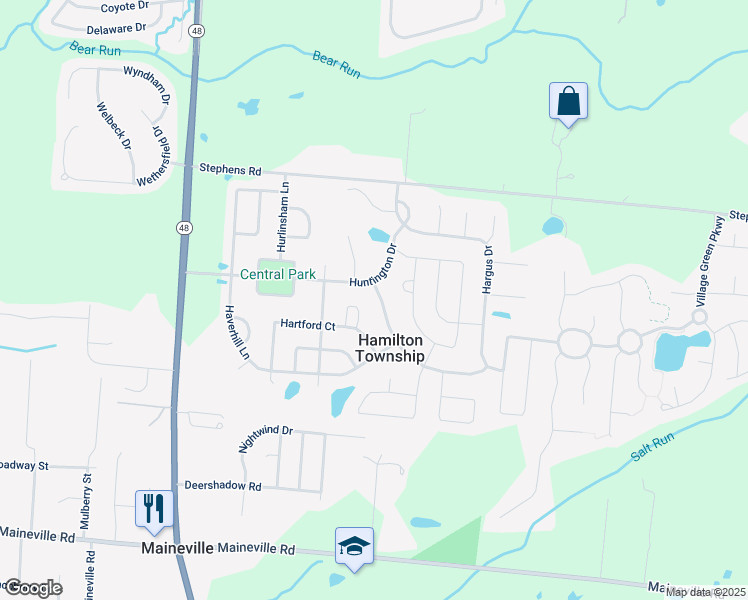 map of restaurants, bars, coffee shops, grocery stores, and more near 270 Huntington Drive in Maineville