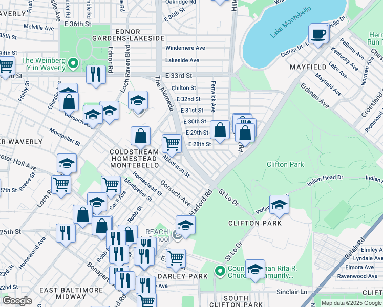 map of restaurants, bars, coffee shops, grocery stores, and more near 2793 1/2 The Alameda in Baltimore