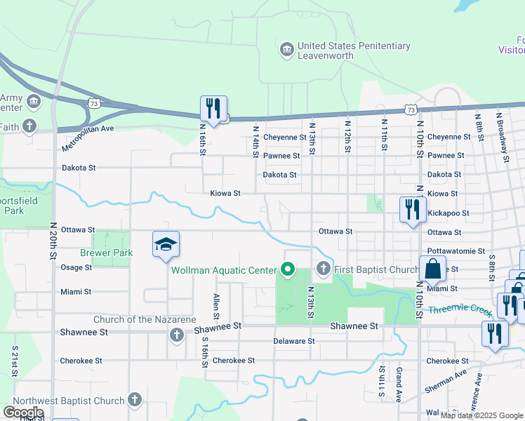 map of restaurants, bars, coffee shops, grocery stores, and more near 701 North 13th Terrace in Leavenworth