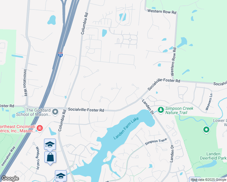 map of restaurants, bars, coffee shops, grocery stores, and more near 3142 Woods Edge Court in Maineville