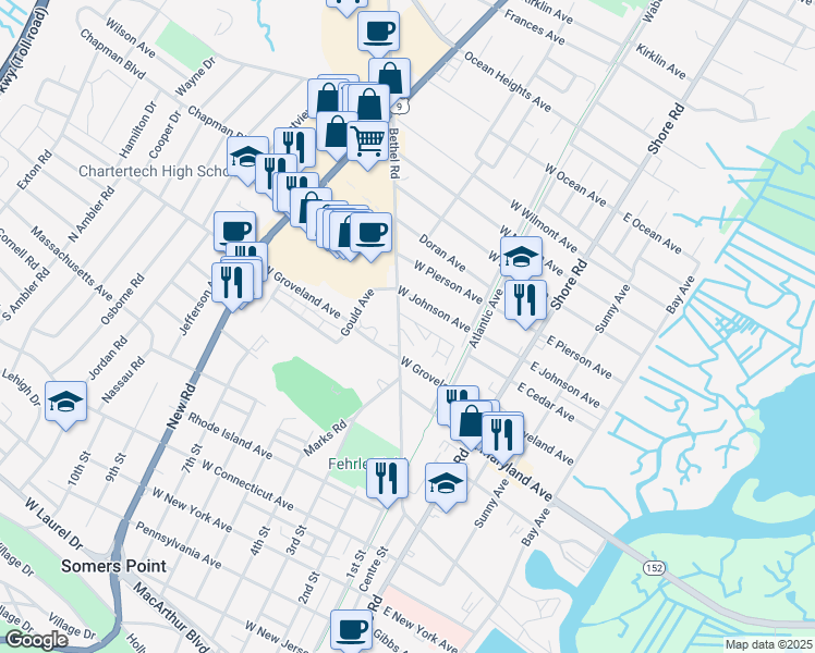 map of restaurants, bars, coffee shops, grocery stores, and more near 162 West Johnson Avenue in Somers Point