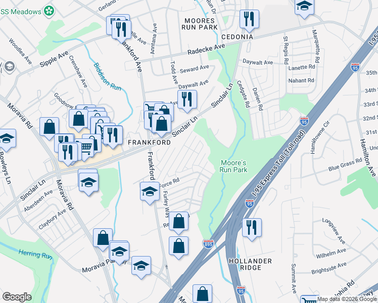 map of restaurants, bars, coffee shops, grocery stores, and more near 4861 Greencrest Rd in Baltimore