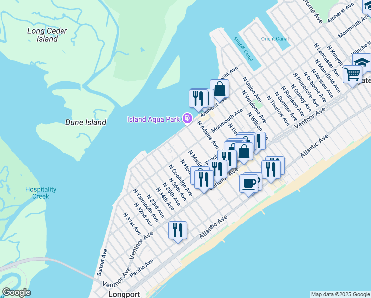 map of restaurants, bars, coffee shops, grocery stores, and more near 9503 Monmouth Avenue in Margate City