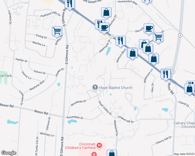 map of restaurants, bars, coffee shops, grocery stores, and more near 132 Highridge Court in Fairfield