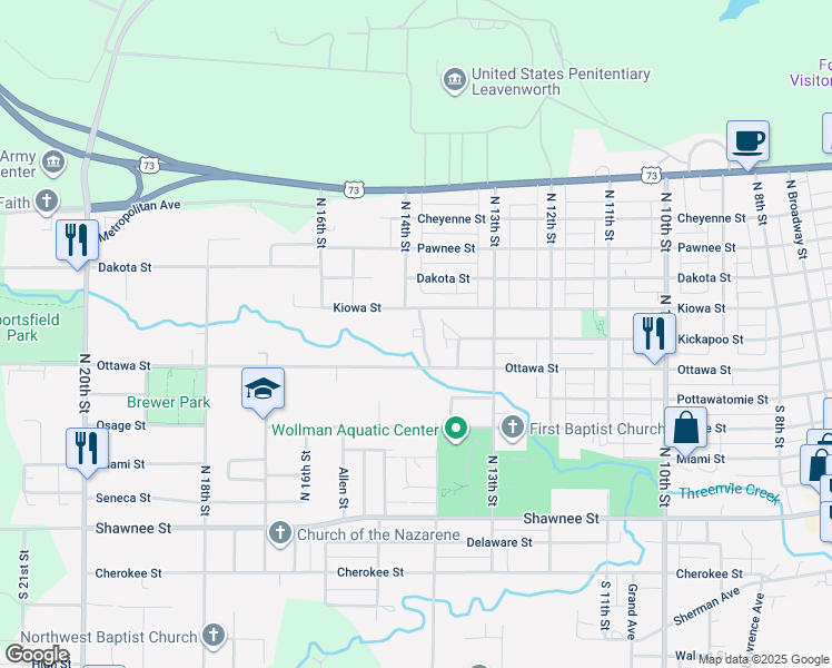 map of restaurants, bars, coffee shops, grocery stores, and more near 709 North 13th Terrace in Leavenworth
