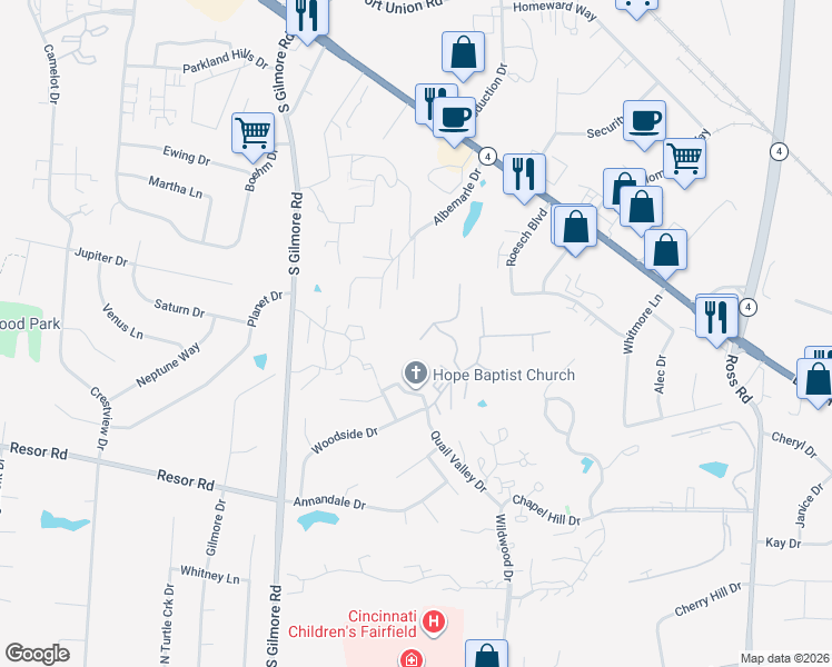 map of restaurants, bars, coffee shops, grocery stores, and more near 132 Highridge Court in Fairfield