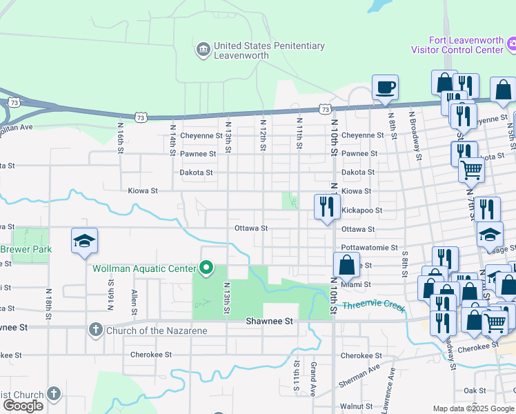 map of restaurants, bars, coffee shops, grocery stores, and more near 1207 Kiowa Street in Leavenworth