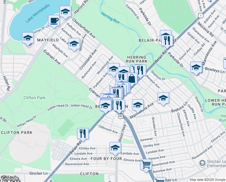 map of restaurants, bars, coffee shops, grocery stores, and more near 2835 Lake Avenue in Baltimore