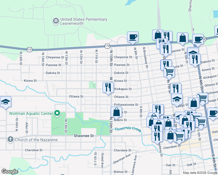 map of restaurants, bars, coffee shops, grocery stores, and more near 1015 Kiowa Street in Leavenworth
