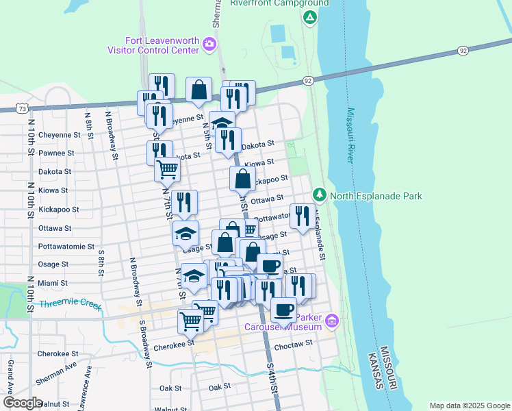 map of restaurants, bars, coffee shops, grocery stores, and more near 317 Ottawa Street in Leavenworth