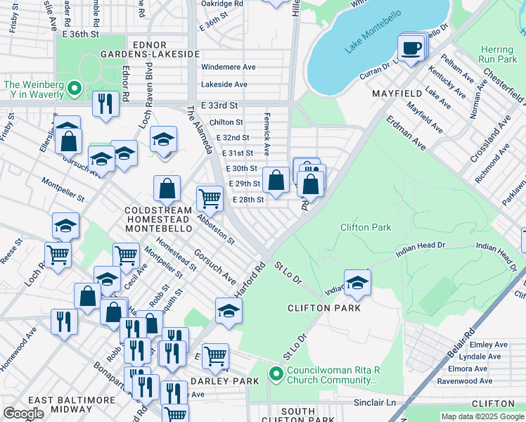 map of restaurants, bars, coffee shops, grocery stores, and more near 2752 Fenwick Avenue in Baltimore