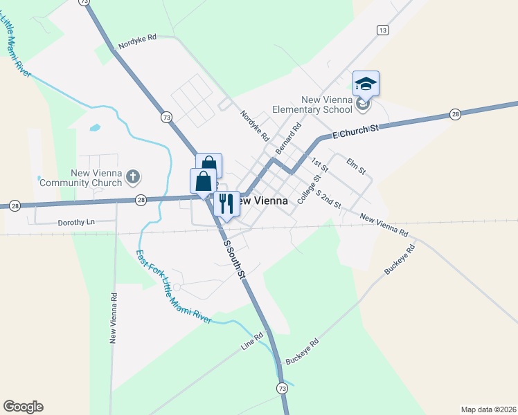map of restaurants, bars, coffee shops, grocery stores, and more near in New Vienna