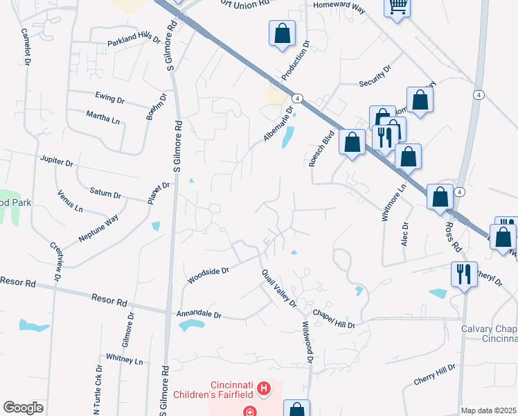 map of restaurants, bars, coffee shops, grocery stores, and more near 132 Highridge Court in Fairfield