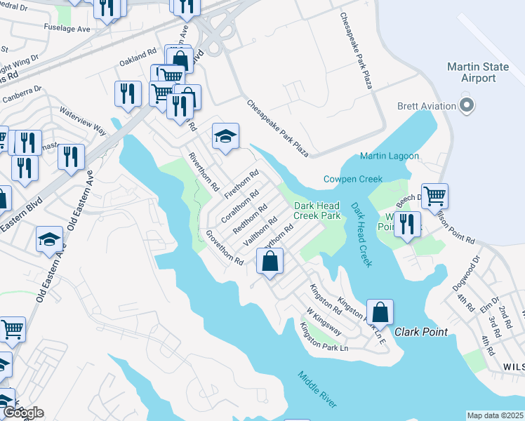 map of restaurants, bars, coffee shops, grocery stores, and more near 2214 Redthorn Road in Middle River