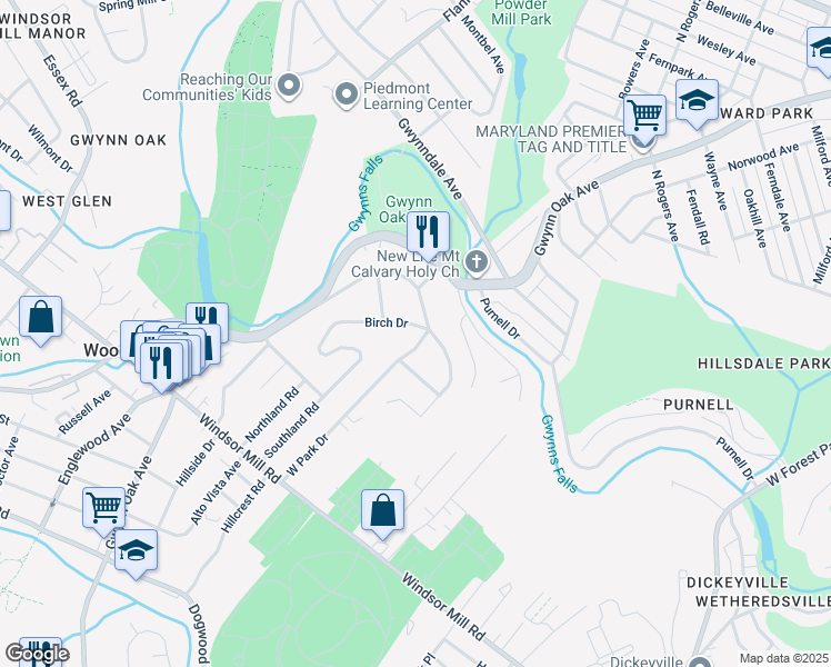 map of restaurants, bars, coffee shops, grocery stores, and more near 2413 Birch Drive in Baltimore