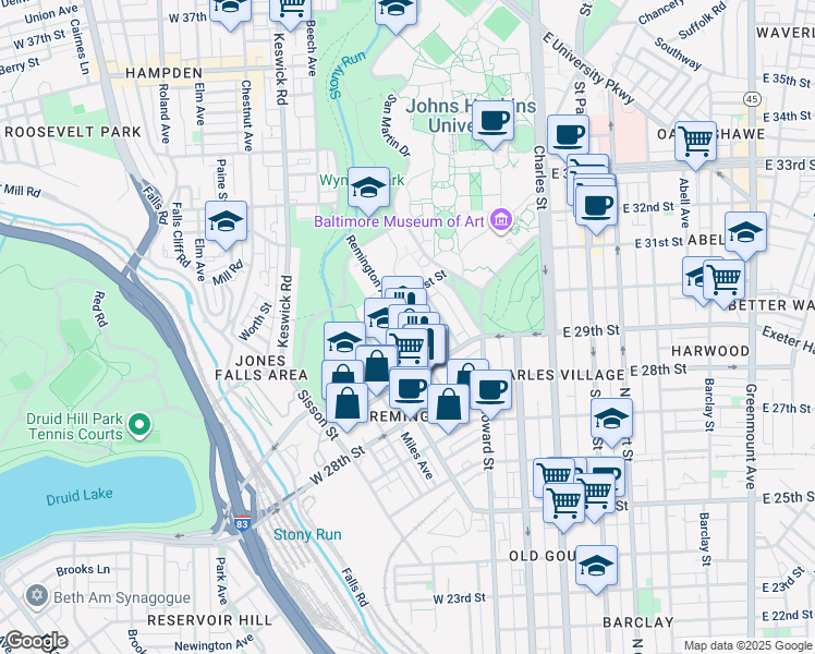 map of restaurants, bars, coffee shops, grocery stores, and more near 3001 Remington Avenue in Baltimore