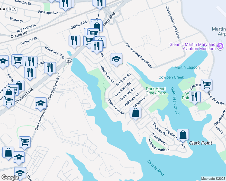 map of restaurants, bars, coffee shops, grocery stores, and more near 2122 Firethorn Road in Middle River