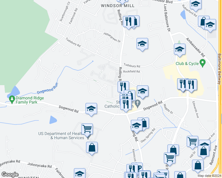 map of restaurants, bars, coffee shops, grocery stores, and more near 2340 Noonham Road in Baltimore