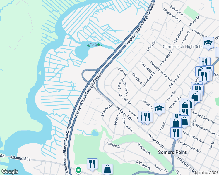 map of restaurants, bars, coffee shops, grocery stores, and more near 128 Colwick Drive in Somers Point