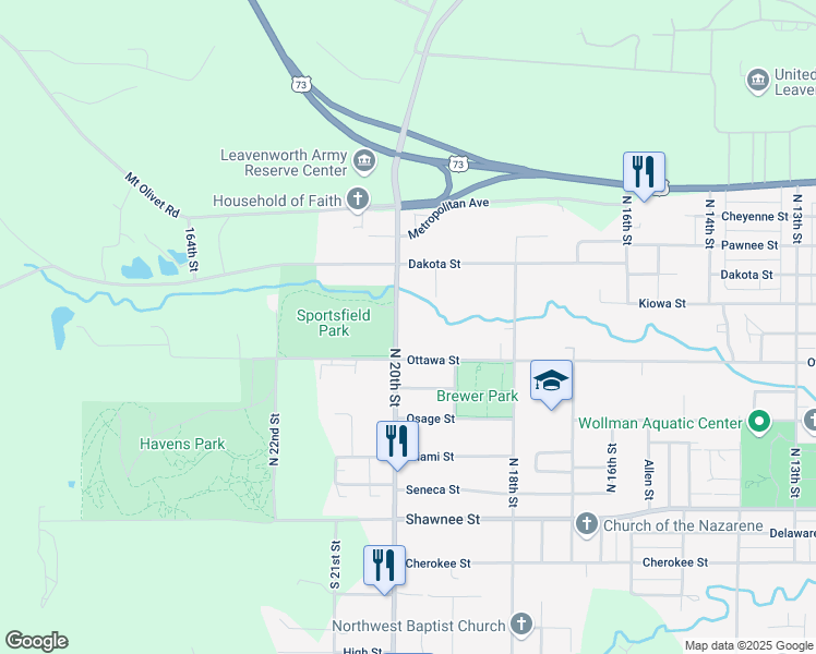 map of restaurants, bars, coffee shops, grocery stores, and more near 706 North 20th Street in Leavenworth