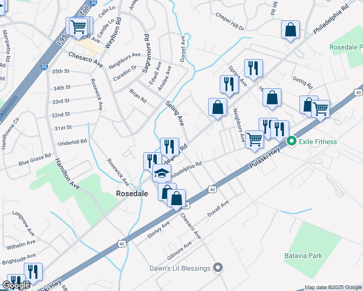 map of restaurants, bars, coffee shops, grocery stores, and more near 8058 Philadelphia Road in Rosedale