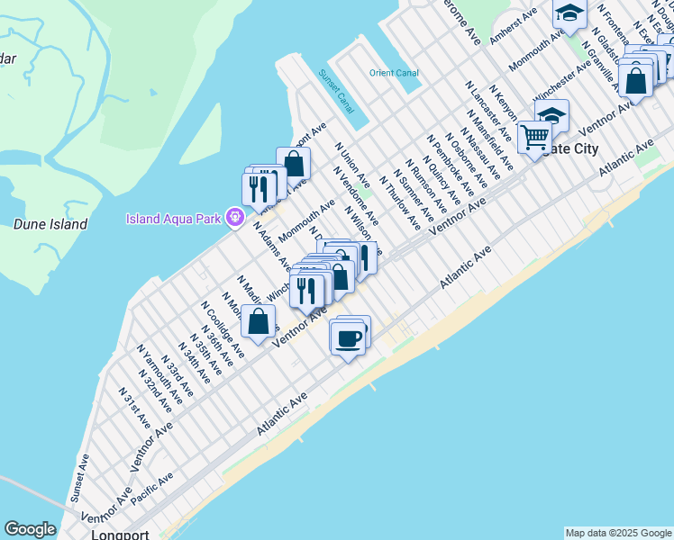 map of restaurants, bars, coffee shops, grocery stores, and more near 29 North Decatur Avenue in Margate City