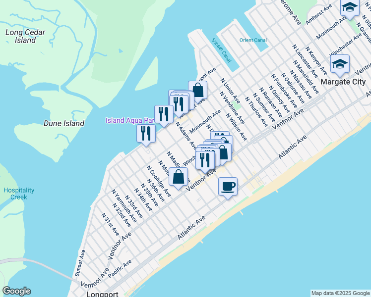 map of restaurants, bars, coffee shops, grocery stores, and more near 130 North Adams Avenue in Margate City
