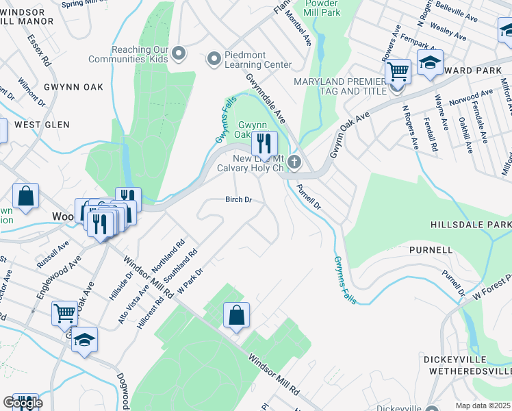 map of restaurants, bars, coffee shops, grocery stores, and more near 2413 Birch Drive in Baltimore