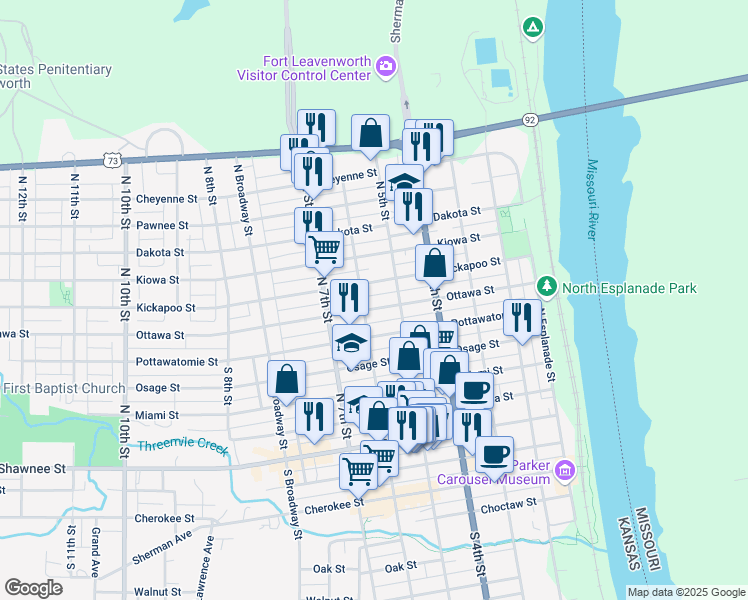 map of restaurants, bars, coffee shops, grocery stores, and more near 501 Kickapoo Street in Leavenworth