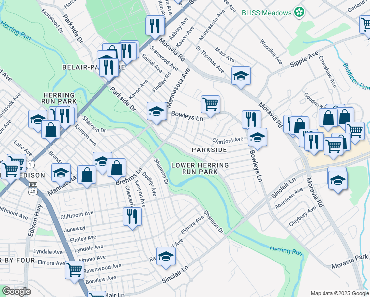 map of restaurants, bars, coffee shops, grocery stores, and more near 4542 Parkside Drive in Baltimore