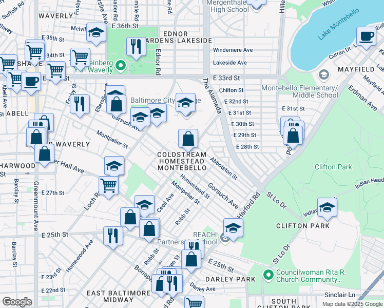 map of restaurants, bars, coffee shops, grocery stores, and more near 1504 Carswell Street in Baltimore