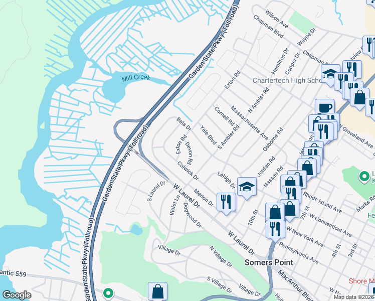 map of restaurants, bars, coffee shops, grocery stores, and more near 129 Exton Road in Somers Point