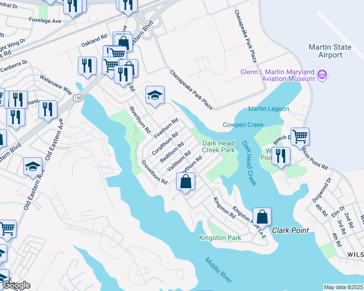 map of restaurants, bars, coffee shops, grocery stores, and more near 2222 Redthorn Road in Middle River