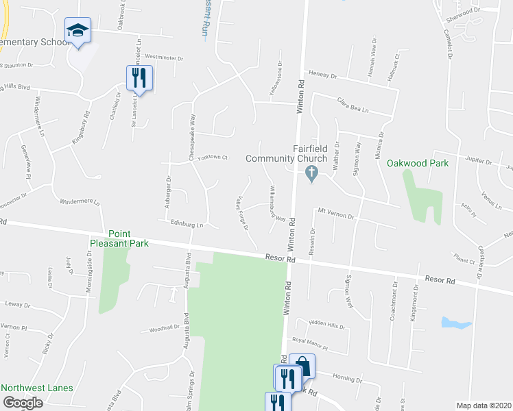 map of restaurants, bars, coffee shops, grocery stores, and more near 2221 Brockton Drive in Fairfield