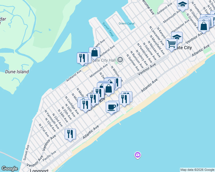 map of restaurants, bars, coffee shops, grocery stores, and more near 29 North Decatur Avenue in Margate City