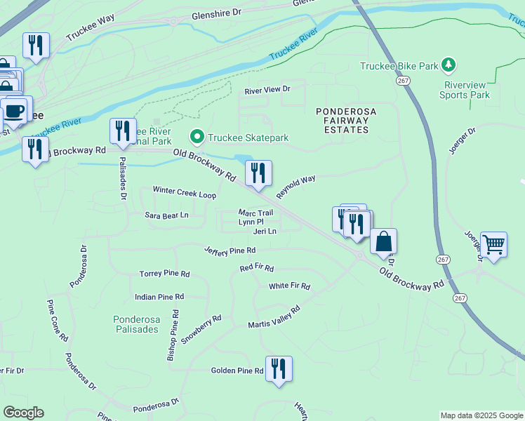 map of restaurants, bars, coffee shops, grocery stores, and more near 11070 Brockway Road in Truckee
