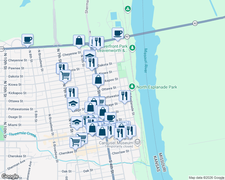 map of restaurants, bars, coffee shops, grocery stores, and more near 227 Ottawa Street in Leavenworth