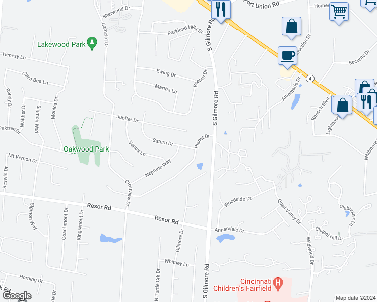 map of restaurants, bars, coffee shops, grocery stores, and more near 2853 Saturn Drive in Fairfield