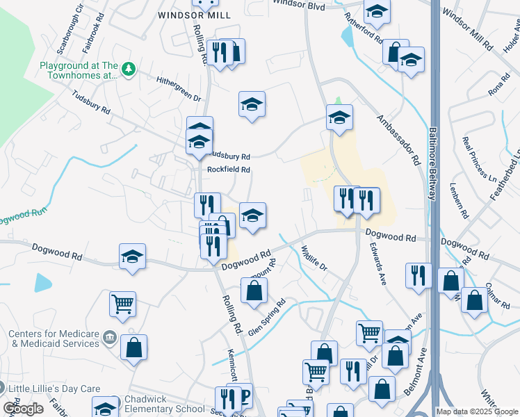 map of restaurants, bars, coffee shops, grocery stores, and more near 2407 Kevsway Court in Milford Mill