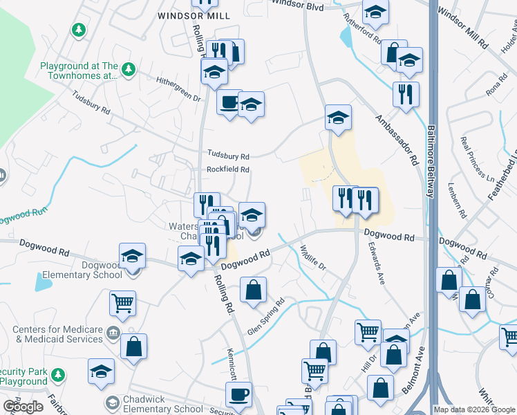 map of restaurants, bars, coffee shops, grocery stores, and more near 2413 Kevsway Court in Baltimore