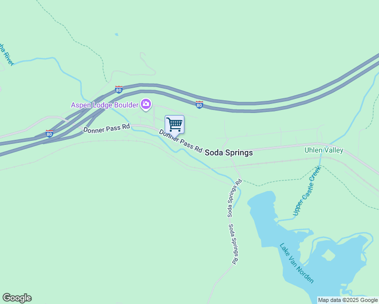 map of restaurants, bars, coffee shops, grocery stores, and more near 21654 Donner Pass Road in Soda Springs