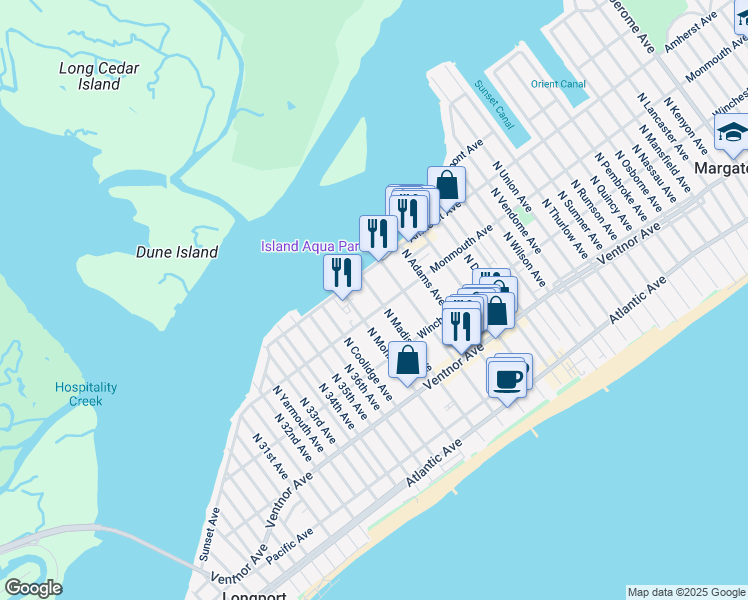 map of restaurants, bars, coffee shops, grocery stores, and more near 9503 Monmouth Avenue in Margate City