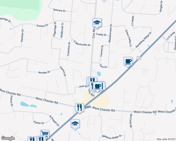 map of restaurants, bars, coffee shops, grocery stores, and more near 7755 Parktown Drive in Butler County