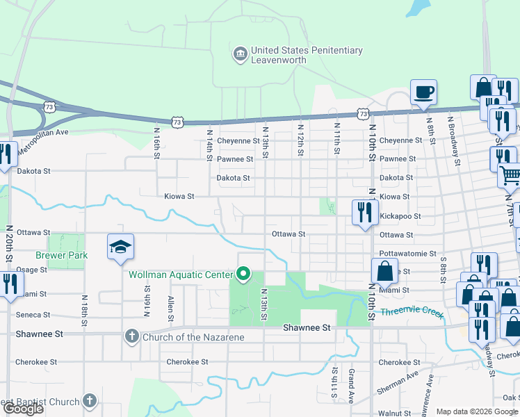 map of restaurants, bars, coffee shops, grocery stores, and more near 713 North 13th Street in Leavenworth