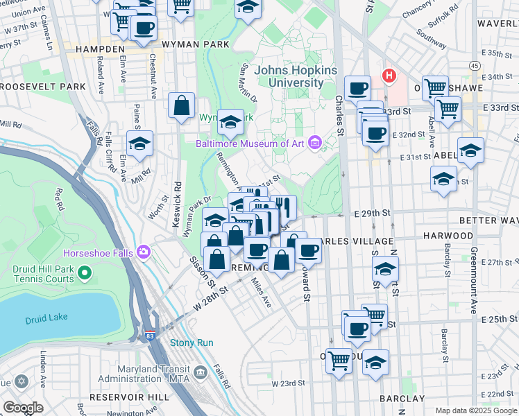 map of restaurants, bars, coffee shops, grocery stores, and more near 3001 Remington Avenue in Baltimore