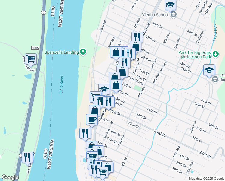map of restaurants, bars, coffee shops, grocery stores, and more near 2649 Grand Central Ave in Vienna