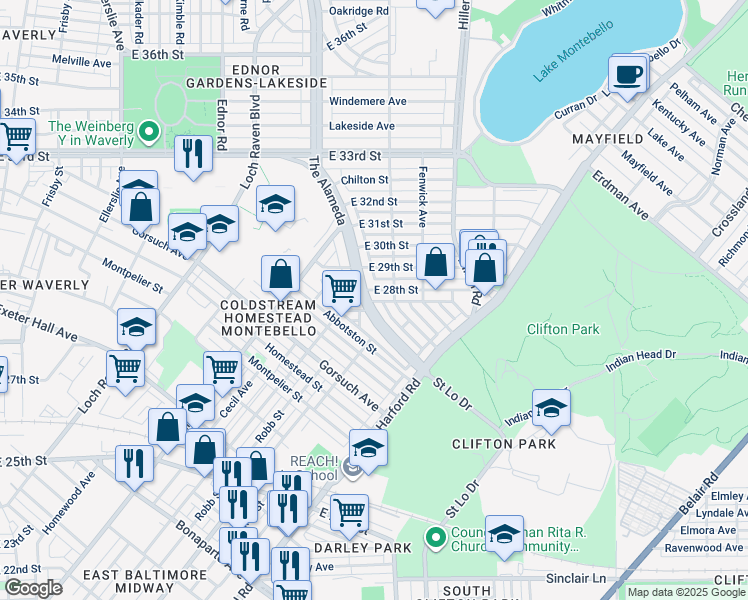 map of restaurants, bars, coffee shops, grocery stores, and more near 2801 The Alameda in Baltimore