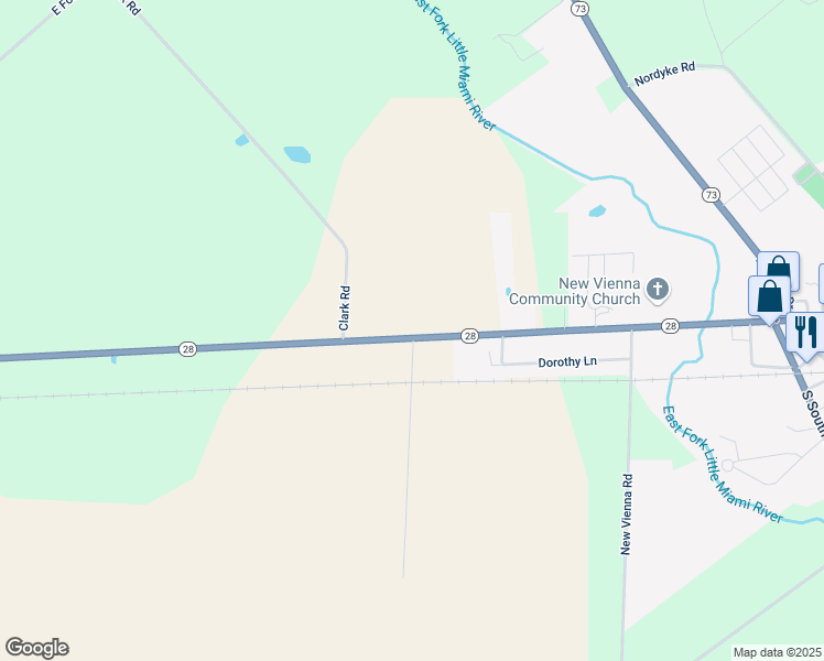 map of restaurants, bars, coffee shops, grocery stores, and more near 11411 Ohio 28 in New Vienna
