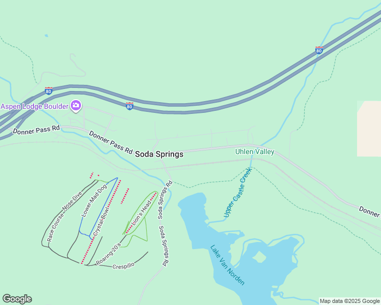 map of restaurants, bars, coffee shops, grocery stores, and more near 21312 Donner Pass Road in Soda Springs