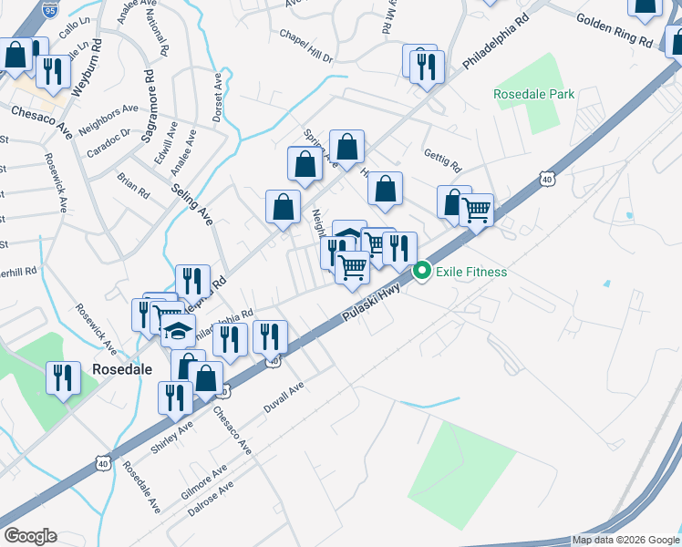 map of restaurants, bars, coffee shops, grocery stores, and more near 8200 Old Philadelphia Road in Rosedale